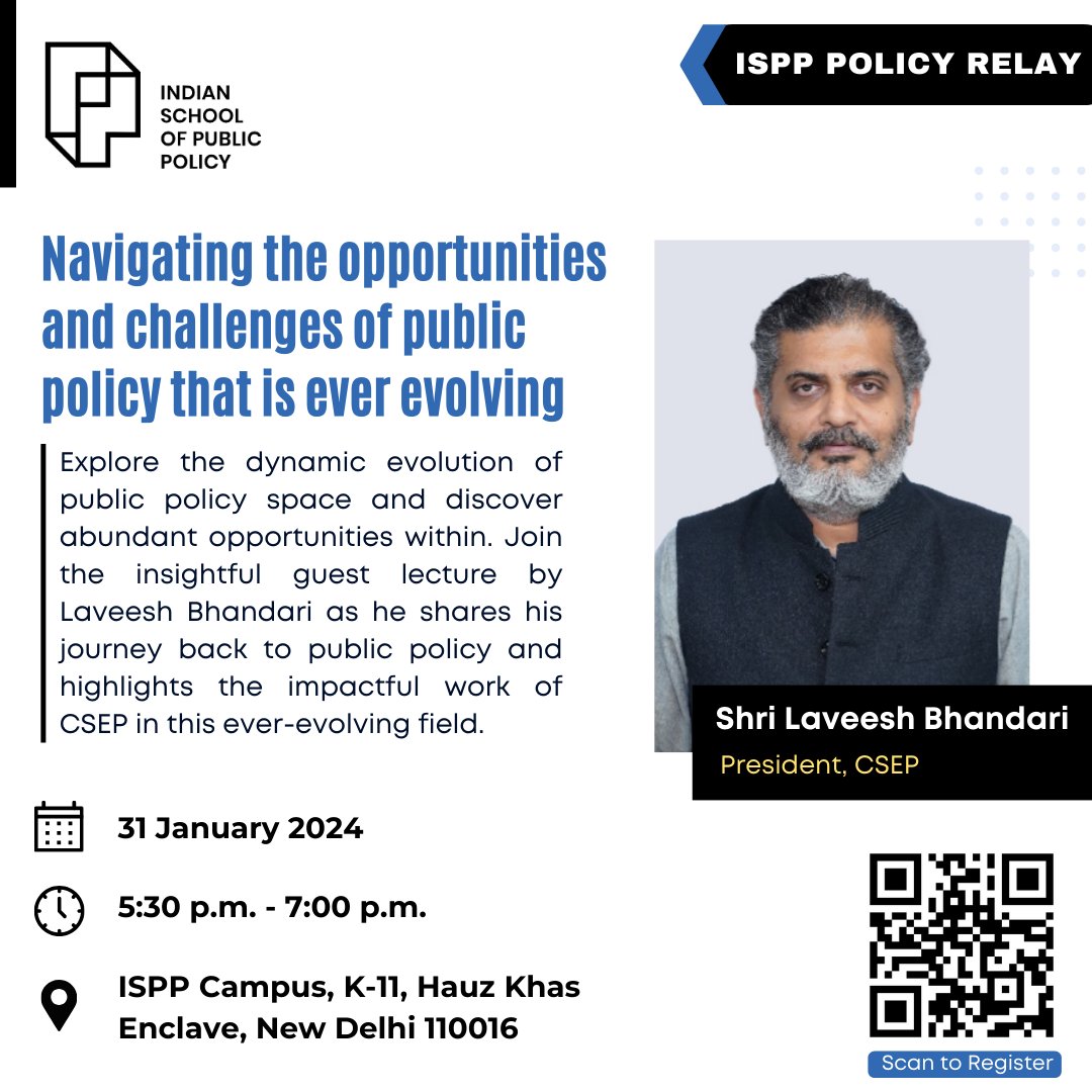 Uncover the secrets of public policy with @laveeshbhandari of @CSEP_Org at ISPP! 🎓#ISPPPolicyRelay 📅 Jan 31, 2024 ⏰ 5:30 PM – 7:00 PM 📍 ISPP Campus 🔗 Register now: us06web.zoom.us/webinar/regist… @parthjshah, @LuisMirandaDots, @Dhruva_Mathur