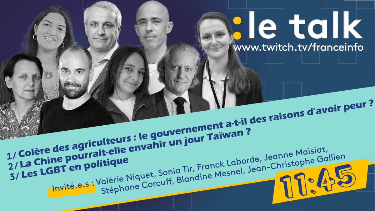 franceinfo pro (@franceinfopro) on Twitter photo ▶️🖥️ Aujourd’hui dans “le talk” :
"Colère des agriculteurs : le gouvernement doit-il craindre un durcissement du mouvement ?"
📢 <a href="/b_mesnel/">Blandine Mesnel</a>, <a href="/Laborde_Franck/">Franck LABORDE</a> et <a href="/jcgtweets/">Jean Christophe Gallien</a> seront en direct avec <a href="/LudoPauchant/">Ludo Pauchant</a>.
📍 À 12h sur la chaîne Twitch de <a href="/franceinfo/">franceinfo</a>
twitch.tv/franceinfo ▶️🖥️ Aujourd’hui dans “le talk” :
"Colère des agriculteurs : le gouvernement doit-il craindre un durcissement du mouvement ?"
📢 <a href="/b_mesnel/">Blandine Mesnel</a>, <a href="/Laborde_Franck/">Franck LABORDE</a> et <a href="/jcgtweets/">Jean Christophe Gallien</a> seront en direct avec <a href="/LudoPauchant/">Ludo Pauchant</a>.
📍 À 12h sur la chaîne Twitch de <a href="/franceinfo/">franceinfo</a>
twitch.tv/franceinfo