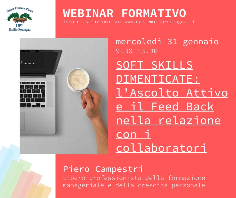 🔎SCOPRI LE NOSTRE PROPOSTE FORMATIVE!

📌Leadership e soft skills
📆31 gennaio 2024
🕤9.30 - 13.30
con:
📌Piero Campestri - Libero professionista della formazione manageriale e della crescita personale.

Sul sito upi.emilia-romagna.it info e iscrizioni: bit.ly/3SewQ0j