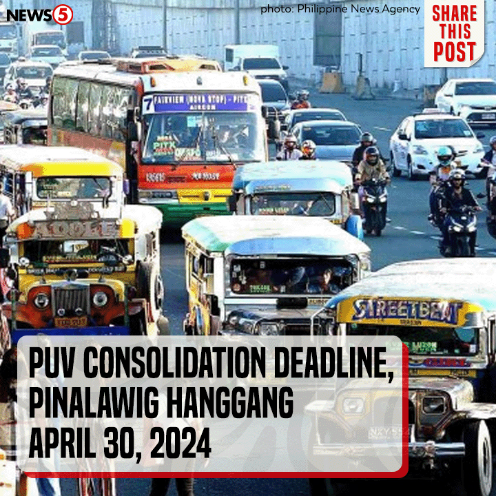 News5PH's tweet photo. Pinalawig ni Pres. Bongbong Marcos ang deadline para sa consolidation ng public utility vehicles #PUV sa ilalim ng PUV Modernization Program hanggang April 30, 2024. #News5 https://t.co/cQx3dsNXOh
