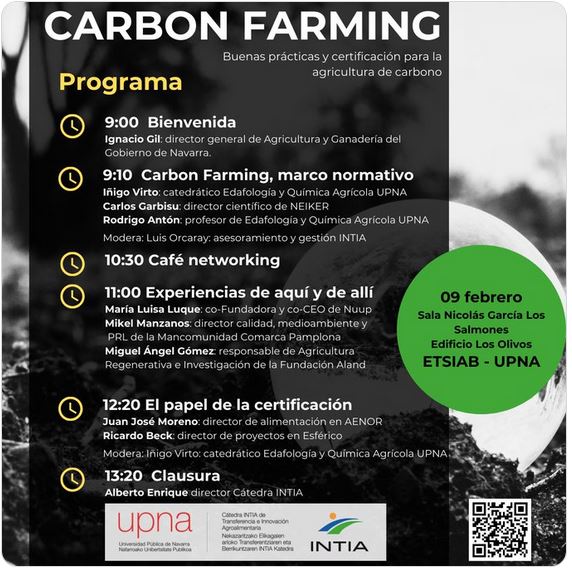 Jornada de Carbon Farming, 
🗓 Fecha: 09 de febrero de 2024
🕒 Hora: 09:00 a 14:00
📍 Sala Nicolás García de los Salmones ETSIAB UPNA
Descubre prácticas agrícolas sostenibles para luchar contra el cambio climático.
Confirma tu asistencia! forms.gle/BqNgGDric9nsoy…