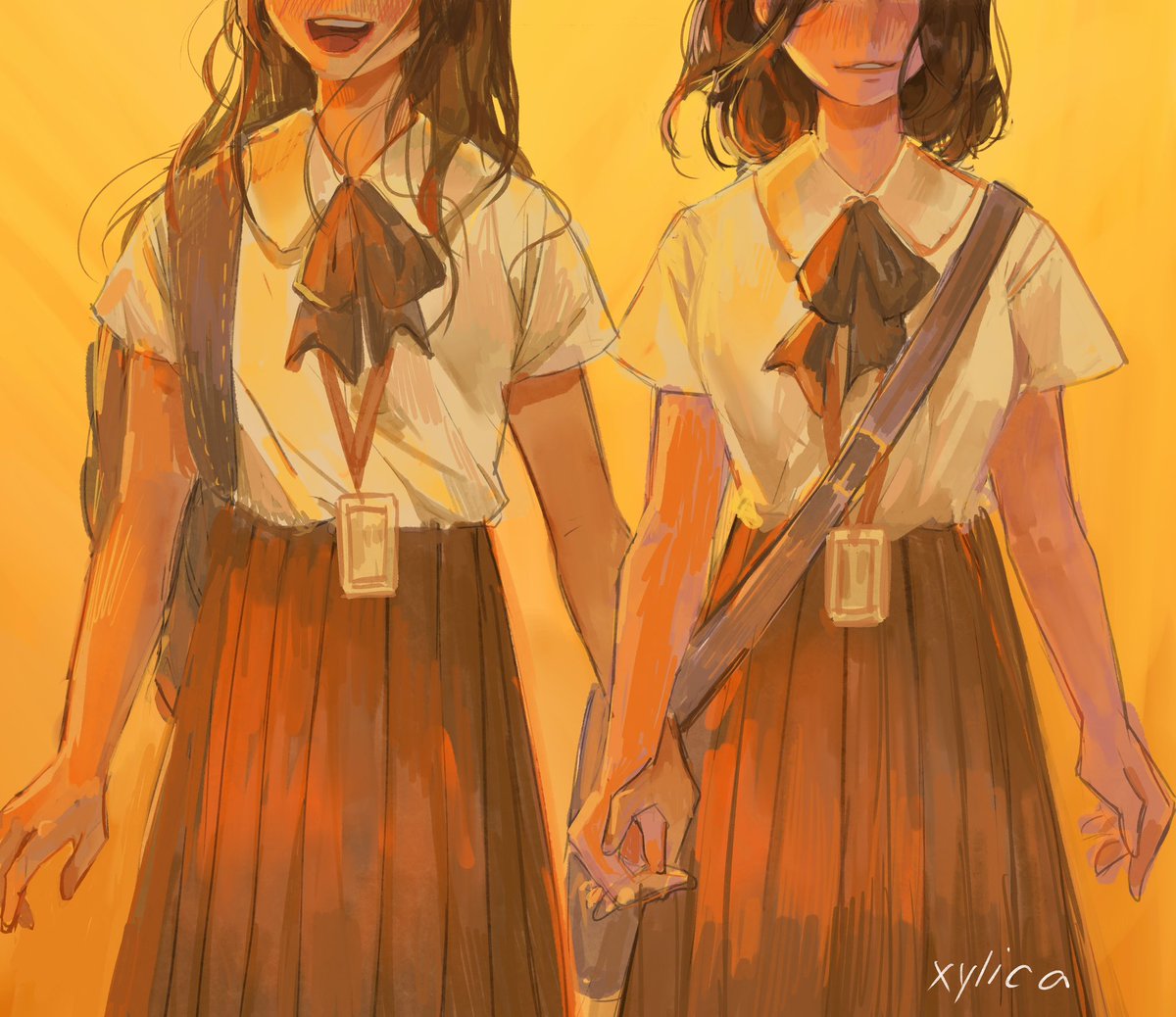 multiple girls 2girls skirt holding hands shirt long hair bag  illustration images