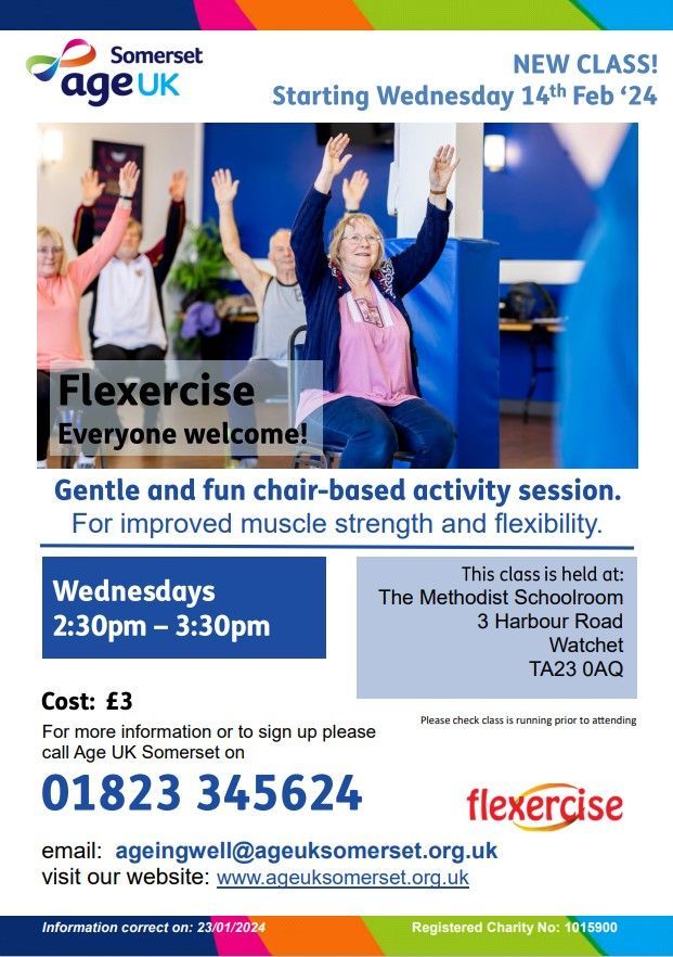 AgeWellSomerset's tweet photo. We are launching a new #flexercise session in #watchet #westsomerset.

Starting 14.2.24, Wednesdays at 2:30pm- the Methodist Schoolroom.

To find out more or sign up contact:
01823 345624
ageingwell@ageuksomerset.org.uk https://t.co/PVlkN3xDd8
