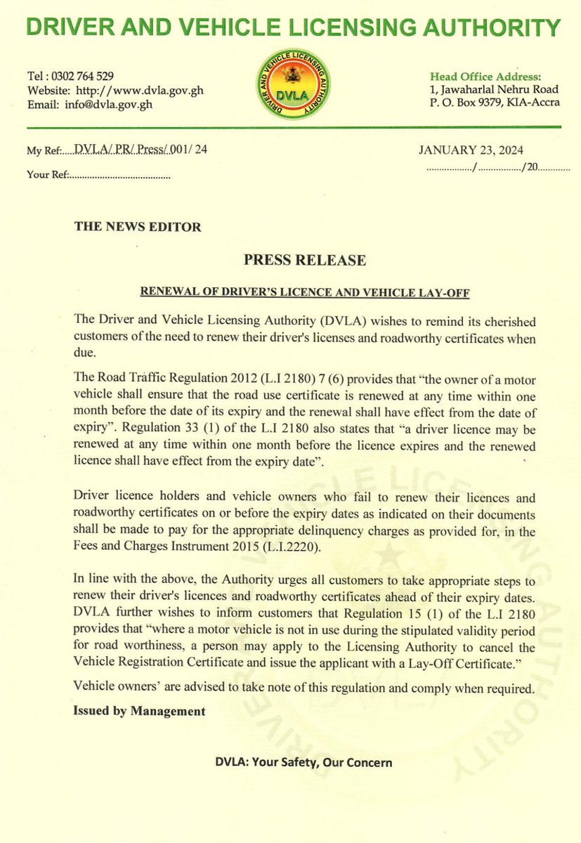 DVLAGhofficial's tweet image. Press Release 

#DVLAGHANA #VehicleRegistrationSystem #SmartCard #Digitization 
 
DVLA: Your Safety, Our Concern