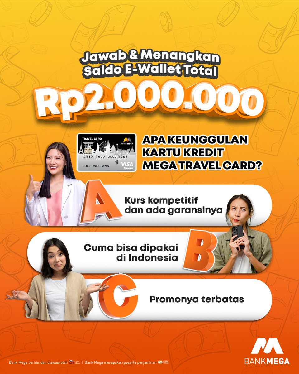 BankMegaID's tweet photo. GIVEAWAY SALDO GOPAY TOTAL RP2JT BUAT 4 ORANG PEMENANG!

Cara menaginnya gini:
1. Follow @bankmegaid
2. Repost &amp; Like postingan ini
3. Jawab pertanyaan yang ada di gambar &amp; pakein hashtag #KartuKreditBankMega

SIKAAATTT👇👇👇 https://t.co/GEgRgMQVQQ