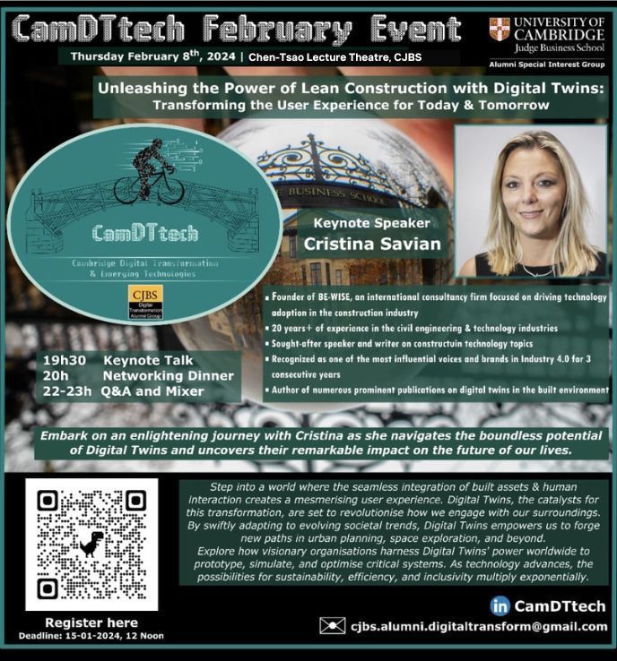 Exciting news!🪐 
I'll be speaking at the CamDTtech Alumni Group, CJBS, on Thursday, Feb 8th, 2024, at 7:30 PM. Join us as we dive into "Unleashing the Power of Lean Construction with Digital Twins." Exclusive to CJBS alumni.🚀<a href="/CJBSAlumni/">CJBS Alumni</a> #CJBSalumni #digitaltwins #constructions