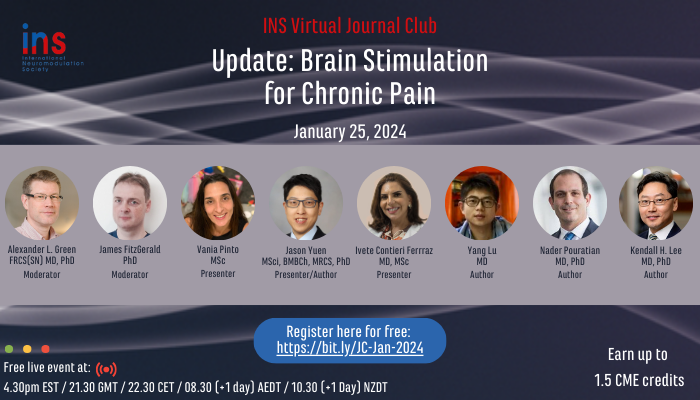 Tomorrow❗ Update: Brain Stimulation for Chronic Pain ♦️ January 25 \@ 4:30pm EST/21:30 GMT/22:30 CET ♦️ January 26 \@ 8:30 AEDT/10:30 NZDT Earn ≤ 1.5 CME for this event. 👉 Register today: bit.ly/JC-Jan-2024 #Neuromodulation #ChronicPain #DBS #Depression