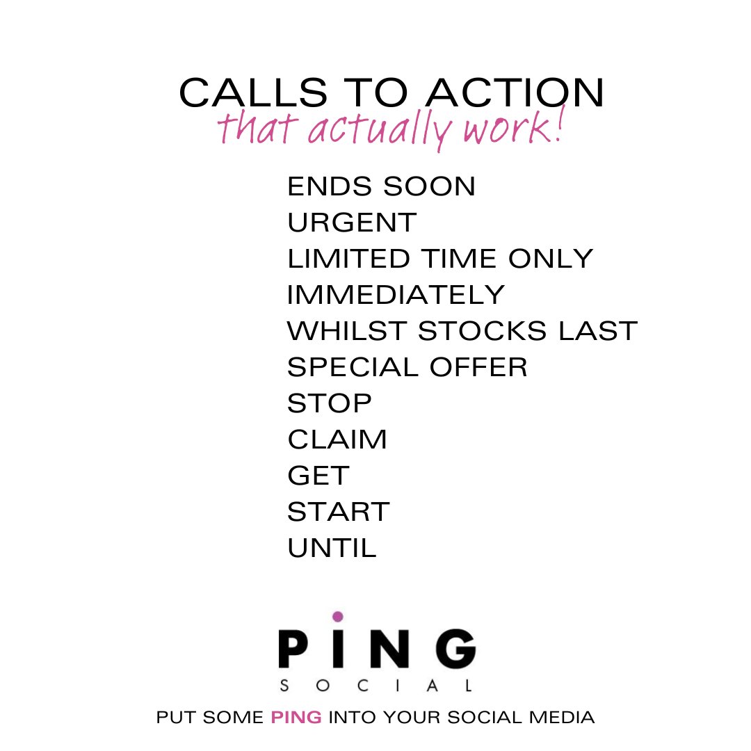 Language and words really matter! That's why when we are trying to encourage potential clients to click that button, to buy, or download, the language we use will either encourage or discourage them from doing so 👇

#CTAs #pingsocial #putsomepingintoyoursocialmedia