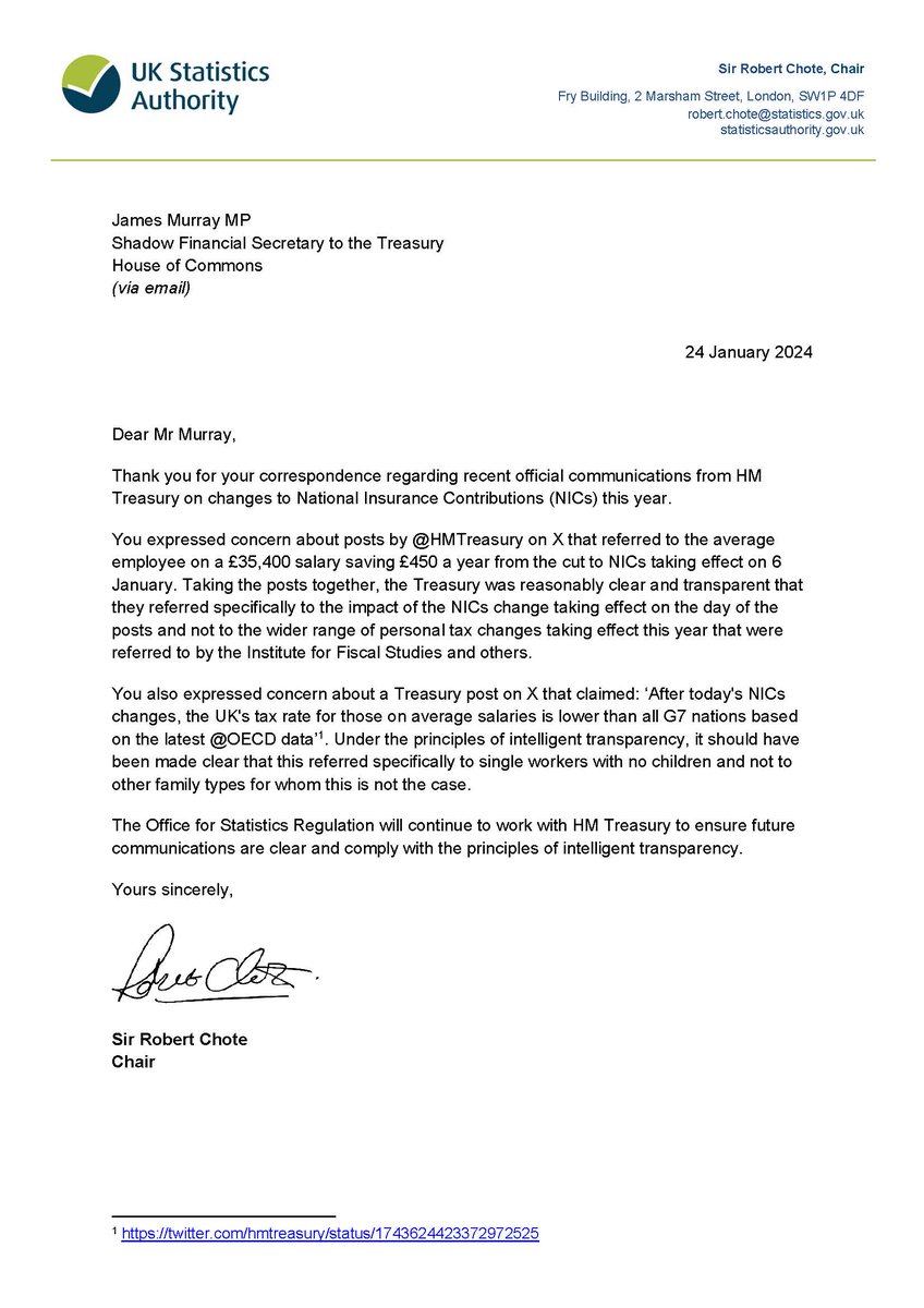 Today, our chair has responded to @jamesmurray_ldn about the communication of changes to National Insurance Contributions. uksa.statisticsauthority.gov.uk/correspondence…