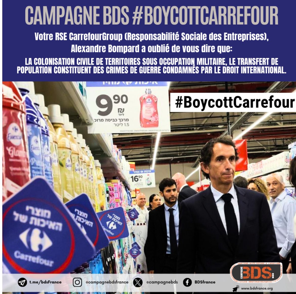 🇵🇸 Aujourd’hui vous allez voir #BoycottCarrefour partout ! C’est normal, l’entreprise et son PDG @bompard se rendent complices de graves crimes contre les palestiniens. Soyons clairs, chaque fois que nous dépensons de l’argent chez carrefour nous soutenons un génocide.