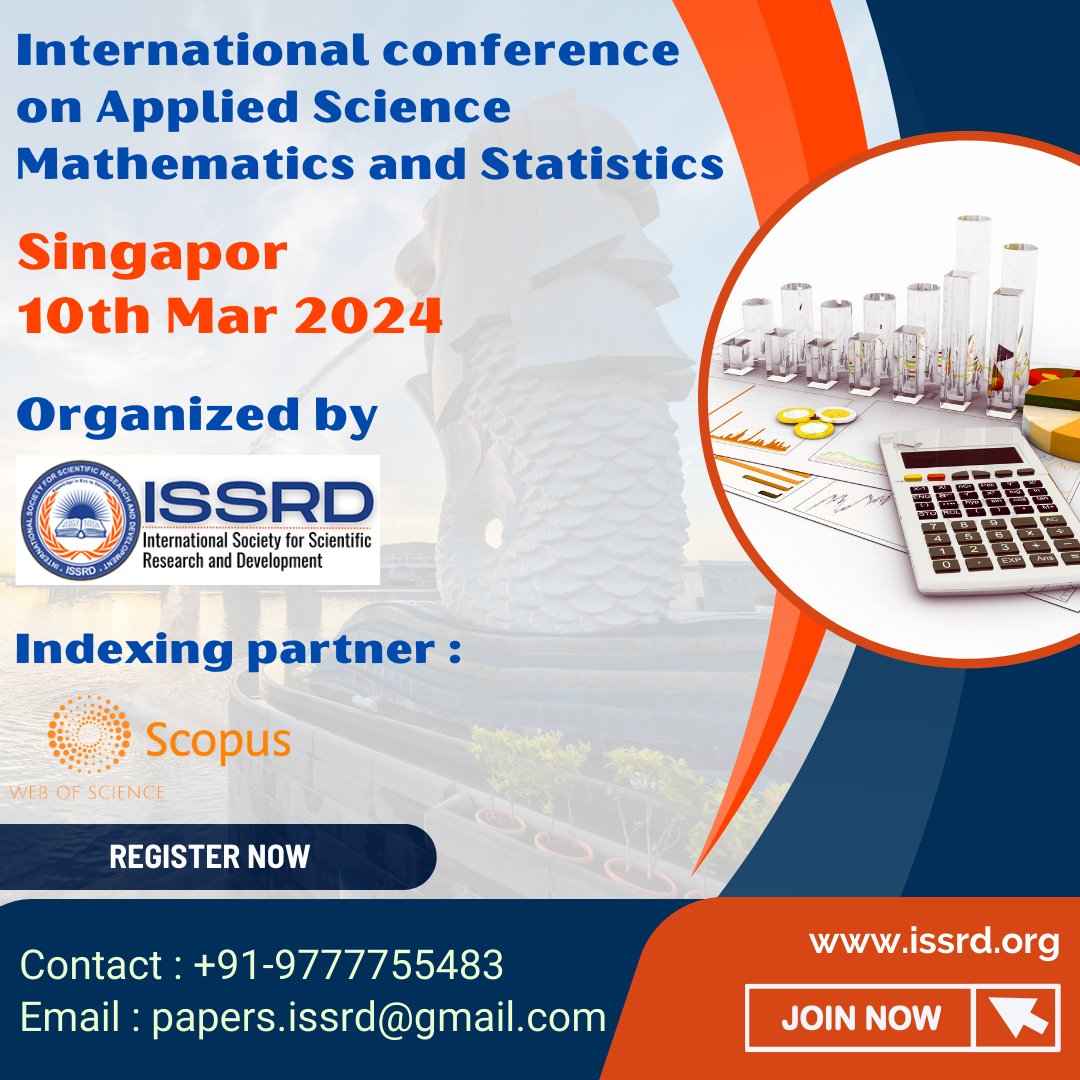 International Conference on Applied Science, Mathematics, and Statistics (ICASMS) 2024, happening in the vibrant city of Singapore on 10th - 11th March. issrd.org/Conference/258… #issrdconference #appliedscience #statistics #mathematics #conference2024 #singapore #eventsingapore