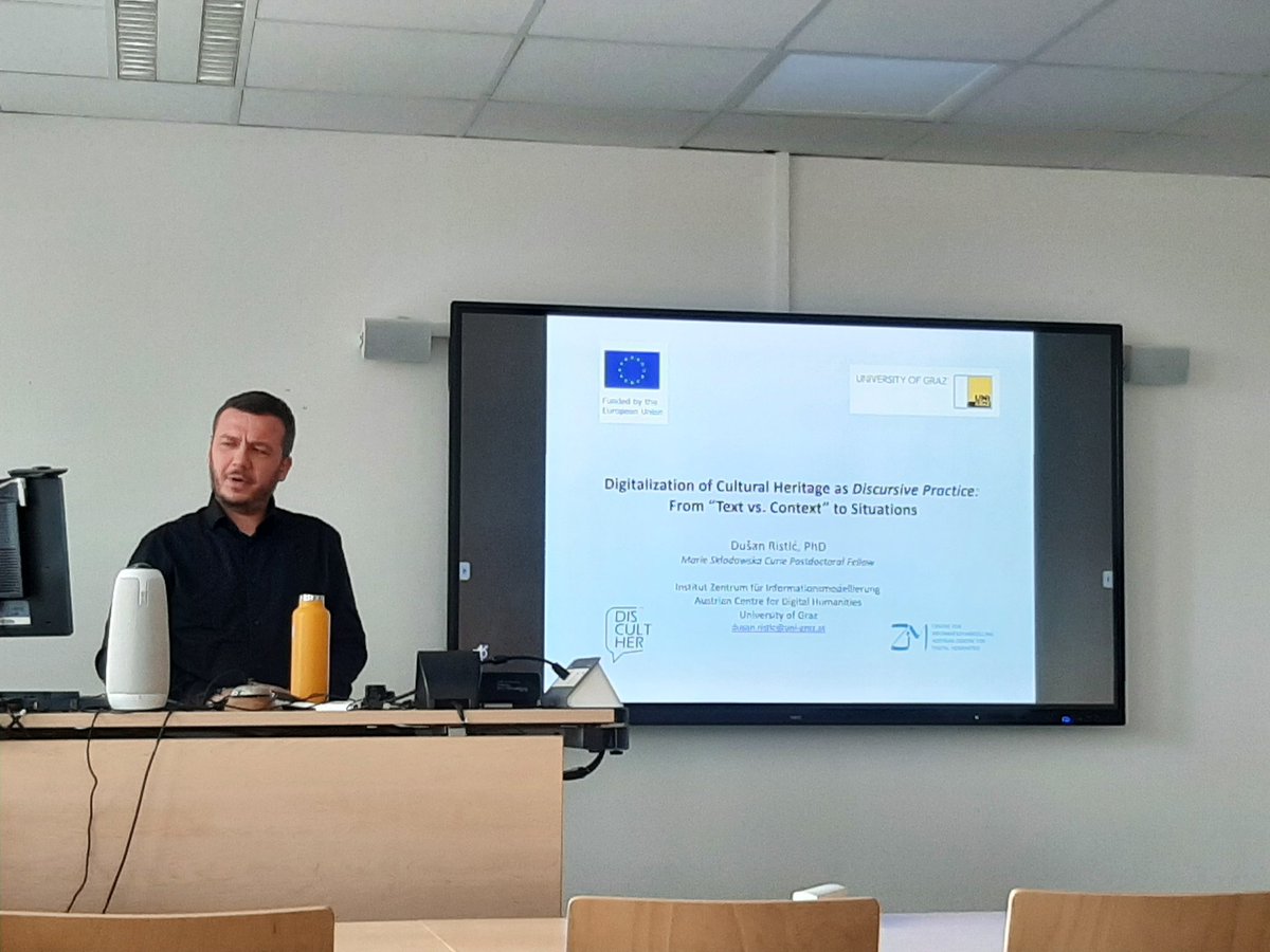 First lunchtime lecture of 2024 at @DH_Graz, with Dušan Ristić presenting his MSCA research project 'Digitalisation of Cultural Heritage as Discursive Practice: from 'Text vs Context' to Situations' - informationsmodellierung.uni-graz.at/de/neuigkeiten…