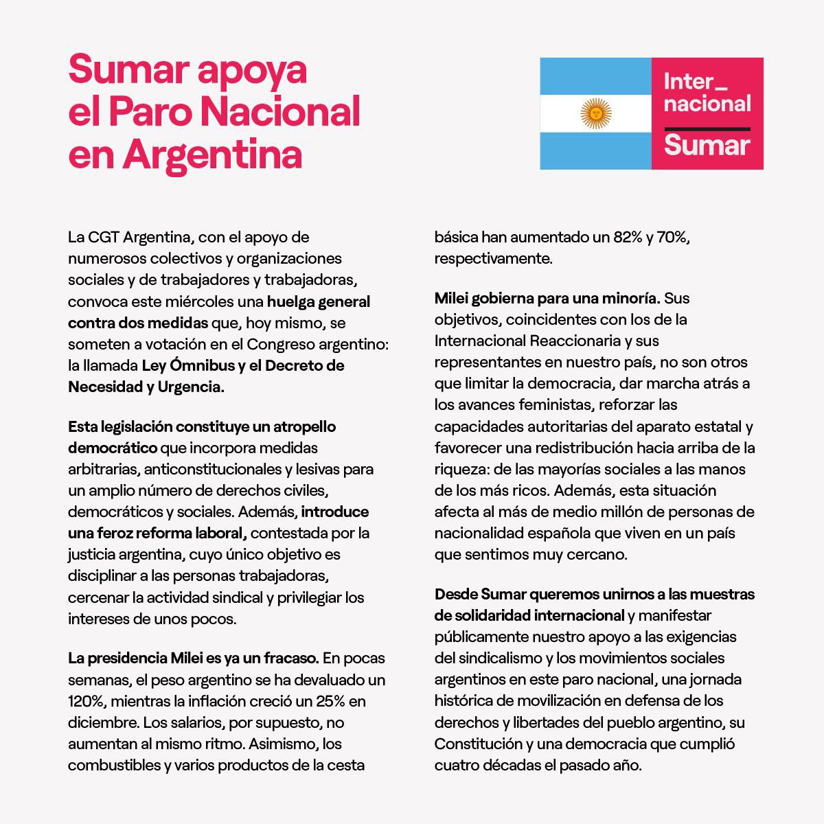 Todo nuestro apoyo al #ParoNacional del pueblo argentino, que hoy se moviliza contra las medidas antipopulares y antinacionales de Milei.