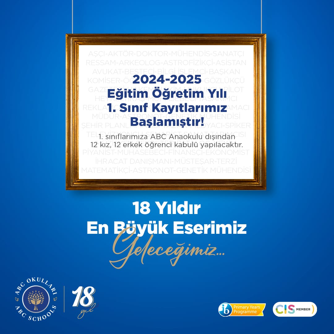 2024-2025 Eğitim Öğretim Yılı Özel Ankara ABC İlkokulu 1.Sınıf Kayıtlarımız Başlamıştır. 1.sınıflarımıza, ABC Anaokulu öğrencilerimizin haricinde 12 kız, 12 erkek öğrenci kabulü yapılacaktır. Detaylı bilgi için 444 222 1 nolu telefon numaramızdan randevu alabilirsiniz.