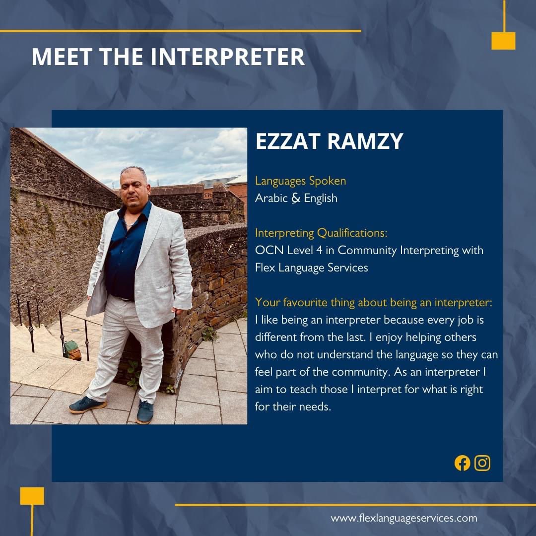 #MeetTheInterpreter 

Introducing Ezzat Ramzy. 👋

"𝘐 𝘭𝘪𝘬𝘦 𝘣𝘦𝘪𝘯𝘨 𝘢𝘯 𝘪𝘯𝘵𝘦𝘳𝘱𝘳𝘦𝘵𝘦𝘳 𝘣𝘦𝘤𝘢𝘶𝘴𝘦 𝘦𝘷𝘦𝘳𝘺 𝘫𝘰𝘣 𝘪𝘴 𝘥𝘪𝘧𝘧𝘦𝘳𝘦𝘯𝘵 𝘧𝘳𝘰𝘮 𝘵𝘩𝘦 𝘭𝘢𝘴𝘵.

#flexlanguageservices
