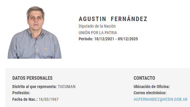 Este es Agustin Fernández, diputado por UxP de la provincia de Tucumán.
Es el primero, seguramente no será el único, pero este TRAIDOR ENTREGADOR DEL PUEBLO se merece que le dejemos un saludito por ayudar a dar dictamen a la ley invotable de Milei 👉<a href="/TinFer67/">Agustín Fernández</a>