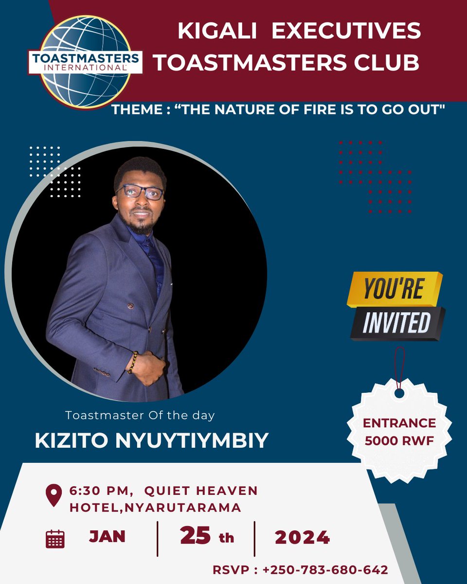 Looking to enhance your abilities in public speaking and leadership in 2024? Join us This Thursday

🗓️ 25.01.2024
⏲ 6:30 PM-8:30 PM
📍 Quiet Haven Hotel, Nyarutarama

As Oprah Winfrey said:
“We can’t become what we need to be by remaining what we are.”

See you tomorrow.