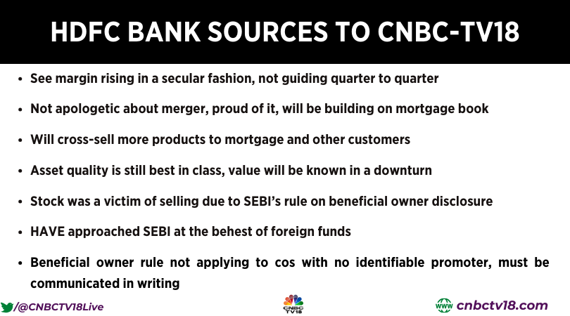 CNBCTV18Live's tweet photo. #JustFlash | HDFC Bank Sources tell CNBC-TV18, Stock was a victim of selling due to SEBI’s rule on beneficial owner disclosure. It adds, SEBI’s understanding that BO disclosure rules not to be applied to companies with no identifiable promoter, needs to be communicated in writing https://t.co/muP8IMjiiL