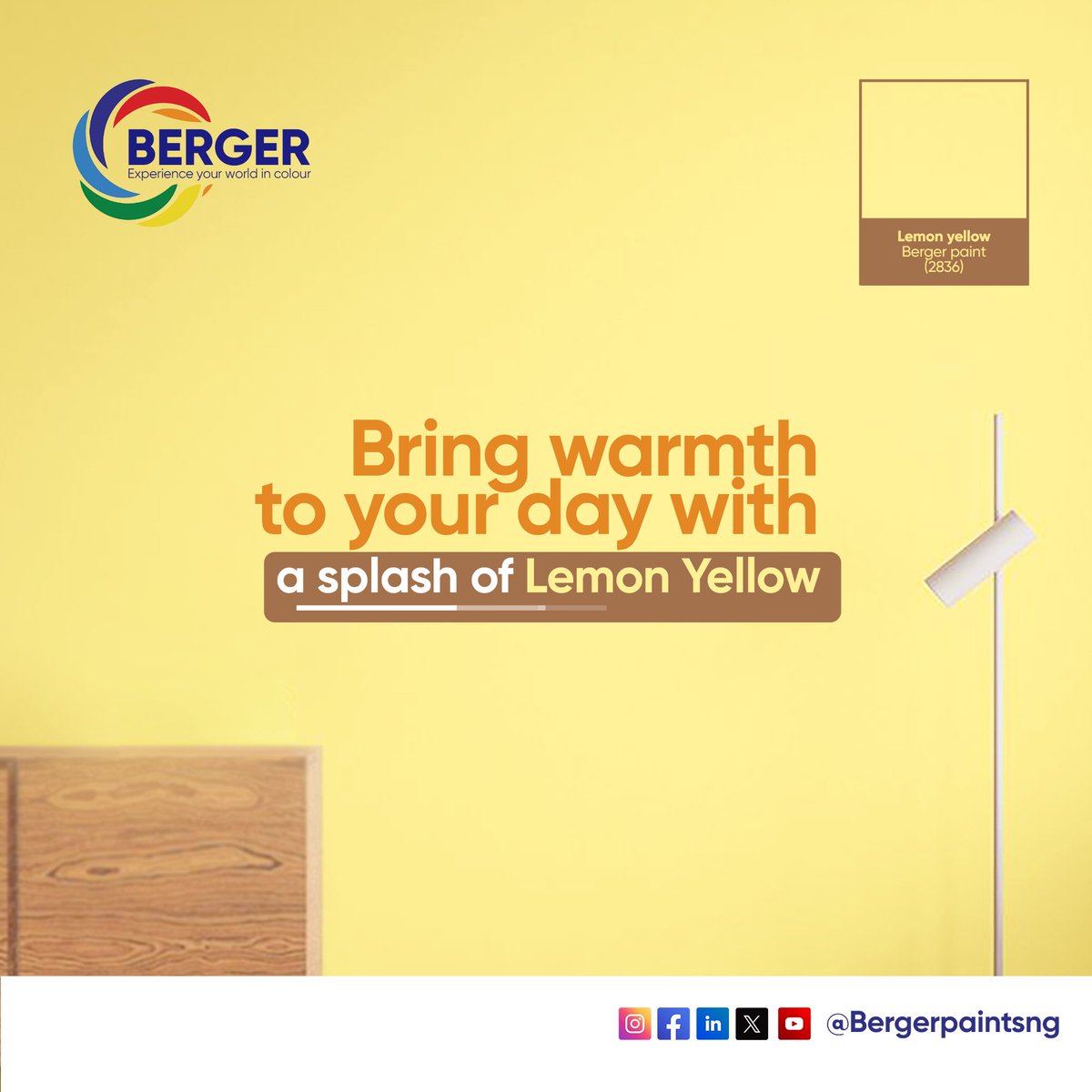 Bergerpaintsng's tweet image. Radiate warmth and joy.

Transform your surroundings into a haven of positivity with the uplifting energy of lemon yellow.

Visit any of our colour world outlets for a colourful experience today.

#LemonYellow
#ColoursOfHappiness
#ColourfulSpaces
#BergerPaints