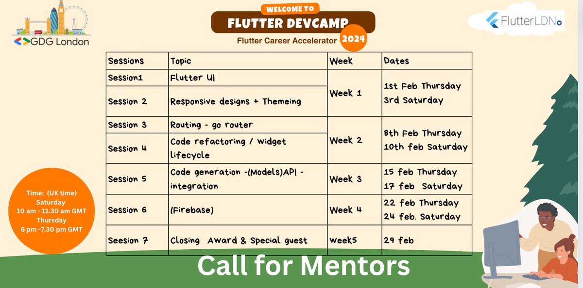 gdg_london's tweet image. 🚀 Calling all Flutter enthusiasts! Join us as a mentor for FlutterDevCamp 2024! 🦋 Ready to guide newbies through our beginners&apos; #FlutterDevCamp.  
✨ Be a part of someone&apos;s coding journey and share your expertise. Sign up here: lnkd.in/e4J_8E7h