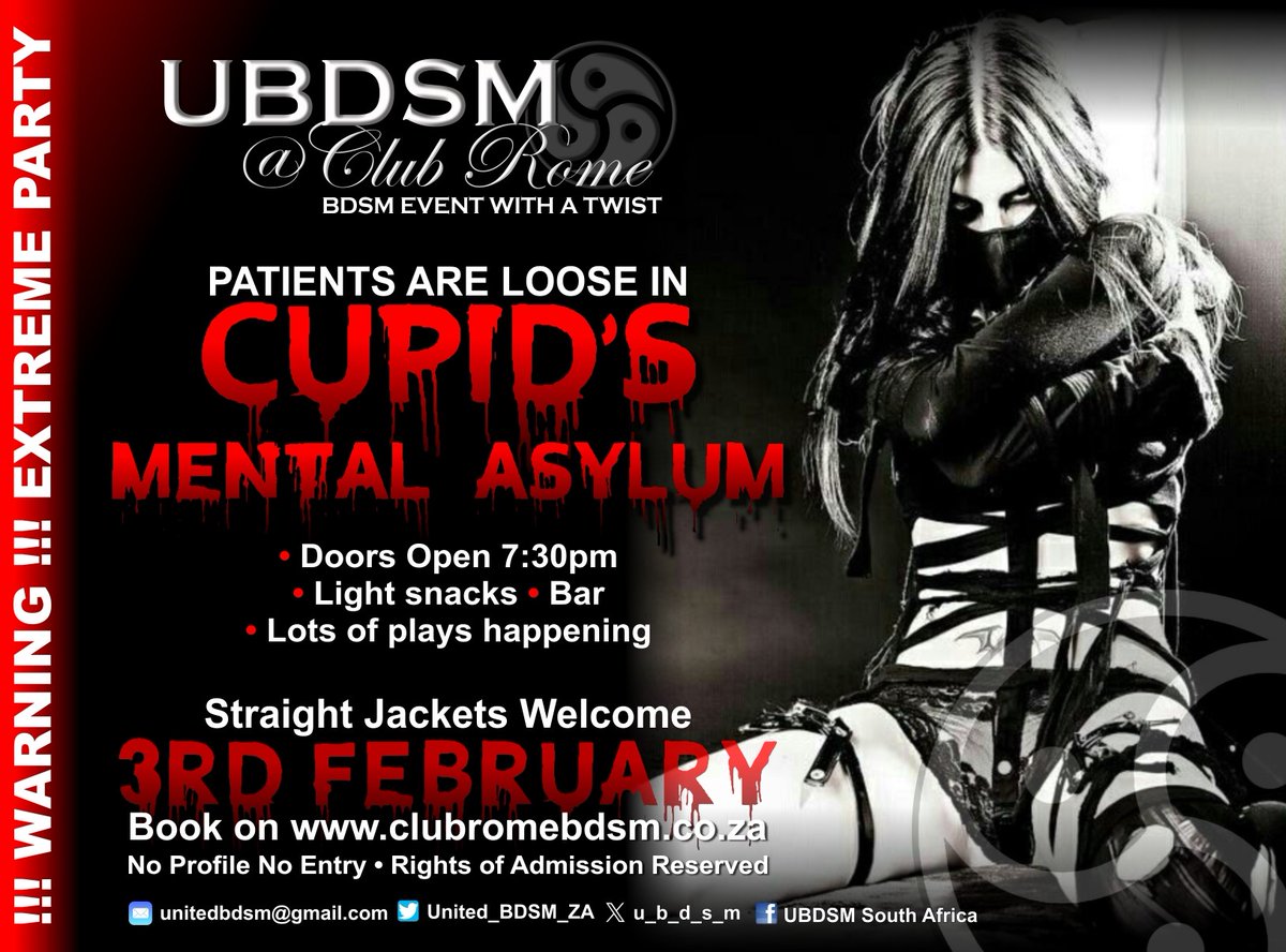 UBDSM at Club Rome - 3rd of Feb The Month of love- The patients are loose in UBDSM Cupid's Mental Asylum, straight jackets are welcome! Come on through everyone goes crazy for love

Book on clubromebdsm.co.za or clubrome.co.za

#ClubRome #UBDSM #bdsmevent #partytime
