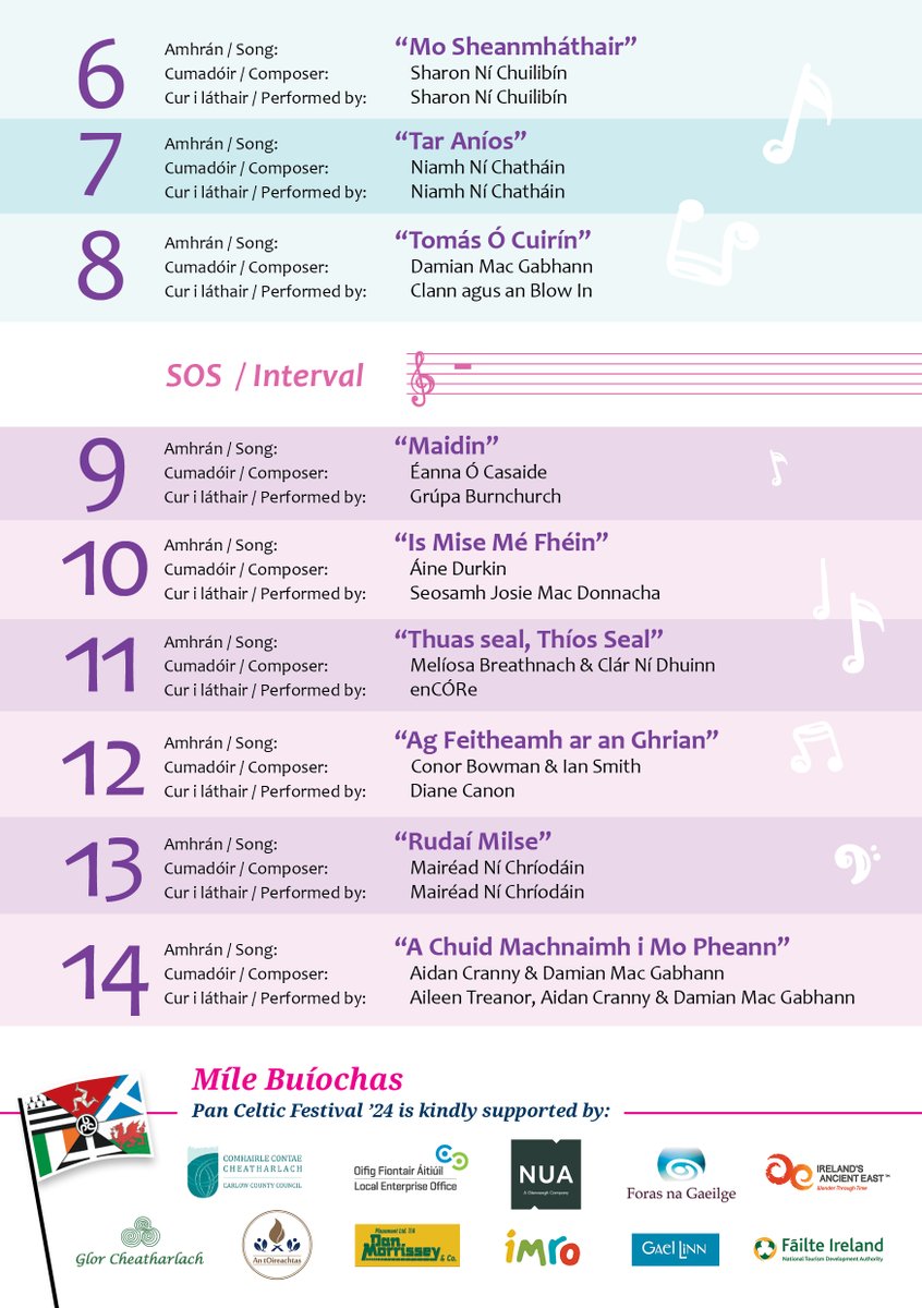 The 2024 Pan Celtic National Song Contest programme is now available! 😁

Check out the finalists who will go head-to-head for the top prize of €1,000 as well as the chance to represent Ireland at the Pan Celtic International Song Contest in Carlow this coming April! 🎻🎶