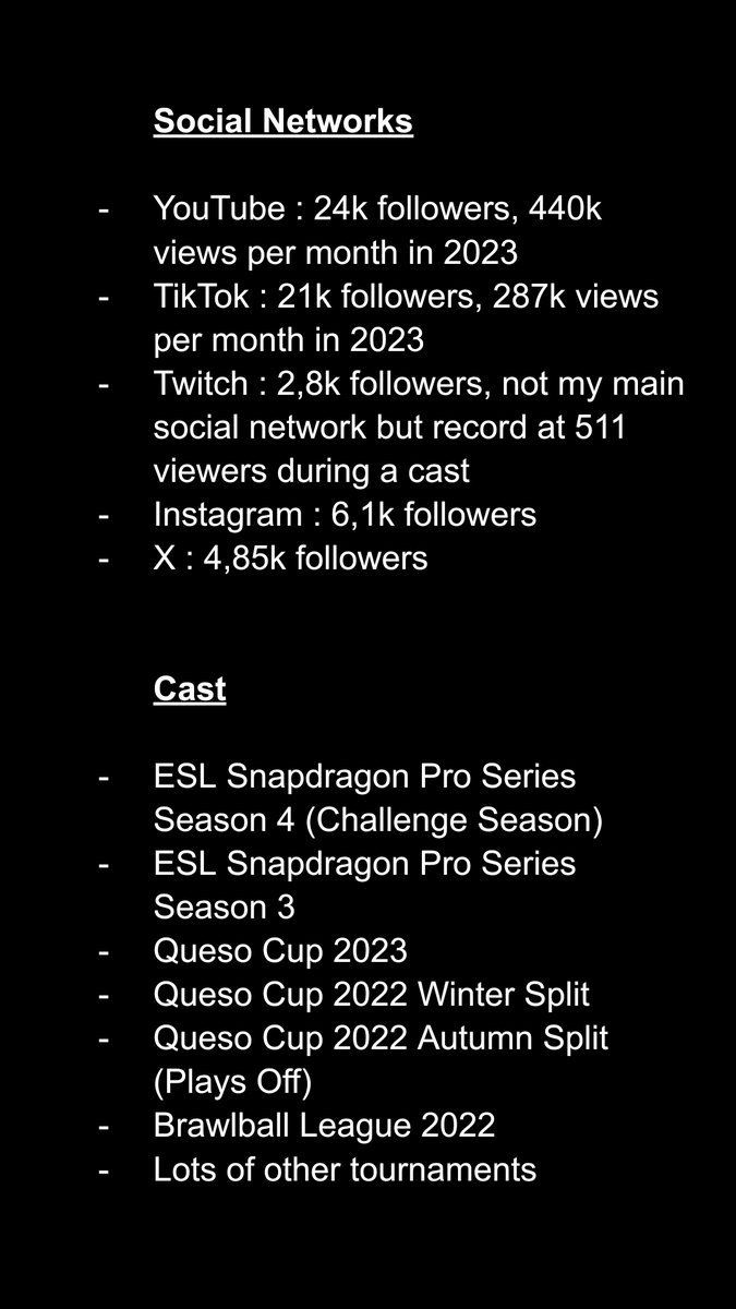 As a Brawl Stars content creator and caster, I'm currently looking for an e-sport organization to join.
You can find all my information about my networks and casts in the screen below.
You can contact me by email at fragsoggang@gmail.com, or by DM.
Thanks to everyone who ❤️ &amp; 🔁