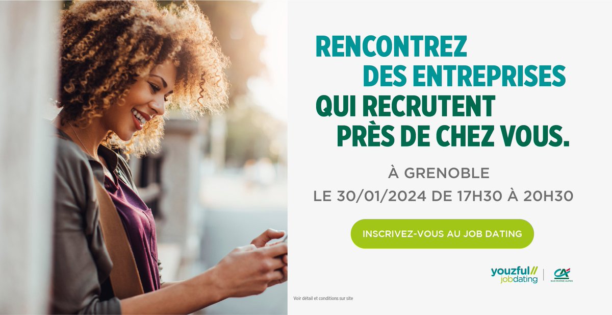 📢 #Recrutement | Venez rencontrer les entreprises qui recrutent à #Grenoble lors de notre #jobdating #youzful 🤝 Inscriptions 🔗 youzful-by-ca.fr/evenements/job… Notre #TeamRH sera bien évidement présente ! Groupe Crédit Agricole #ToutCommenceici #Emploi #Job #Territoire @wizbii