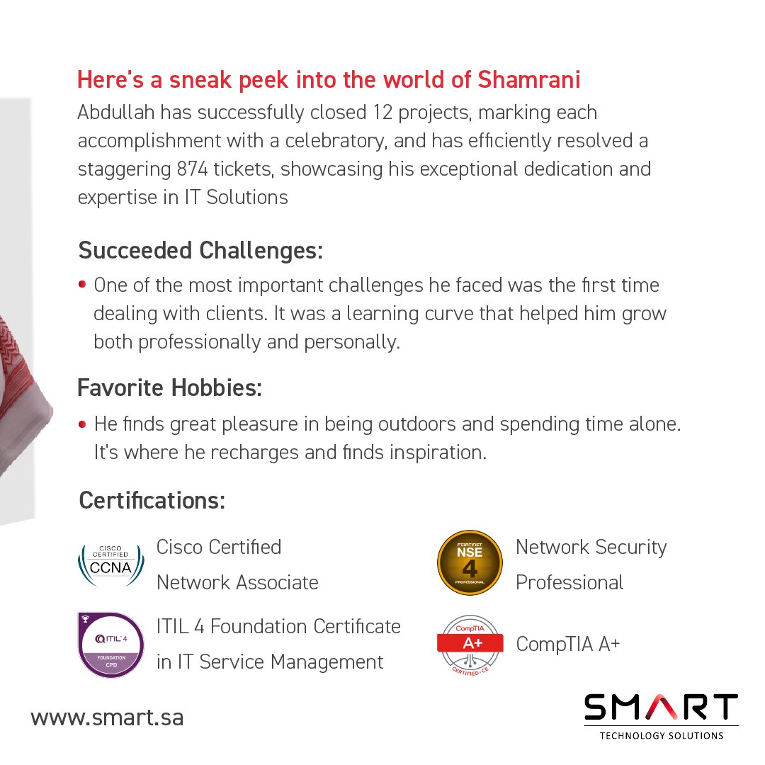SmartTechSA's tweet image. Let’s appreciate shamrany’s excellence in IT service! Drop your favorite emoji to express admiration for our Superstar 🌟

#ourSmarties #ITExcellence #meet_our_people #smarties_success