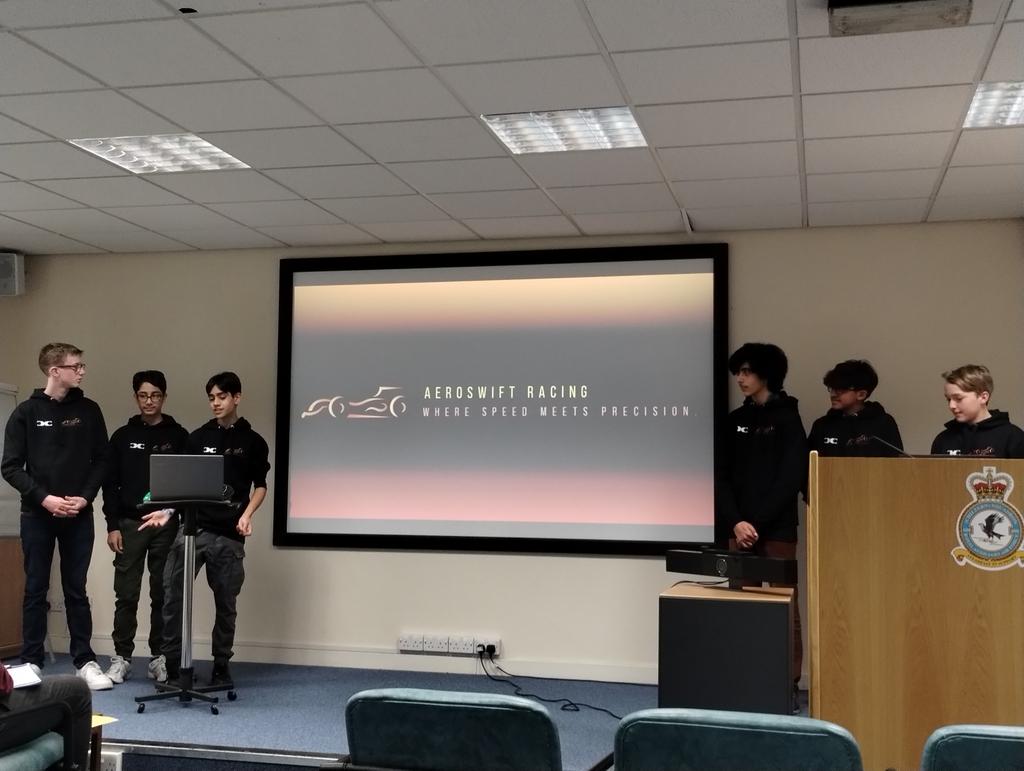 ElthamCSTEM's tweet photo. Aeroswift Racing @ElthamCollegeUK presenting to the judges @RAFBenson for our second year at the brilliant @f1inschoolsUK competition. https://t.co/O23iLEZSNN