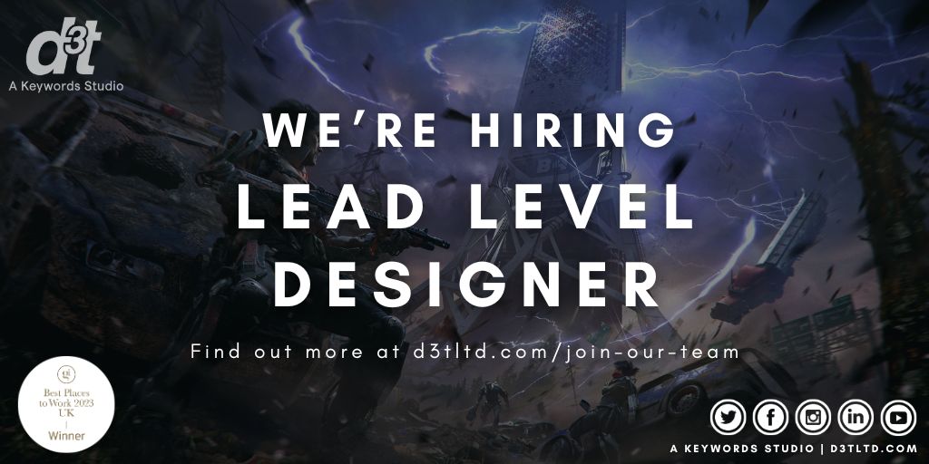 d3tLtd's tweet photo. ⭐️ NEW OPPORTUNITY AVAILABLE ⭐️ ⠀
⠀
We are looking for a Lead Level Designer to join our award-winning team! 🏆 ⠀

✅ Working on a range of exciting AAA projects!
✅ Receiving great perks and benefits!
⠀
Find out more 👉 https://t.co/Jc8Ot76uSU 

#hiring #GameDevJobs https://t.co/IAVYaCrm7N