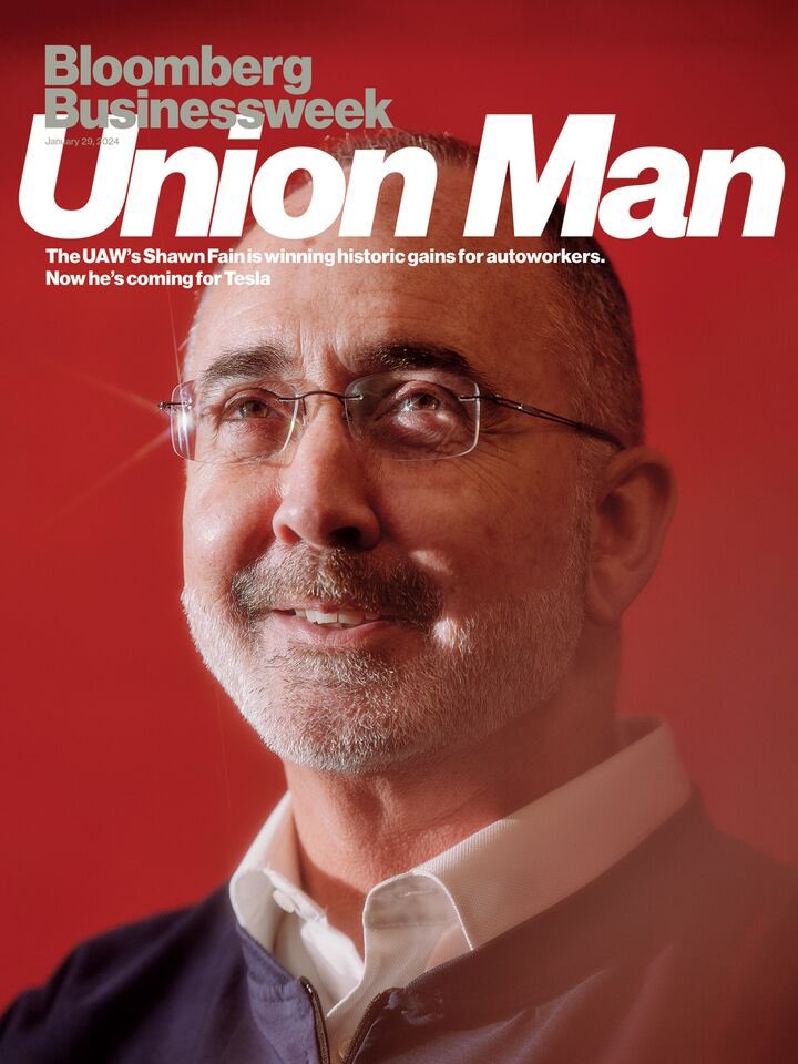 NEW @BW cover story on green jobs & Shawn Fain, the UAW's paradigm-busting, incumbent-ousting, trash-talking, scripture-citing, Malcolm-X-quoting, billionaire-bashing, EV-embracing, Biden-pressuring, Trump-blasting, Musk-taunting, history-making president: bloomberg.com/news/features/…