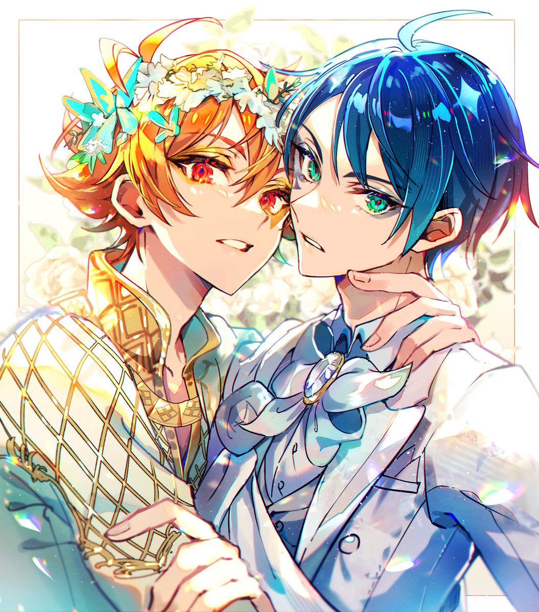 multiple boys 2boys male focus blue hair ahoge green eyes looking at viewer  illustration images