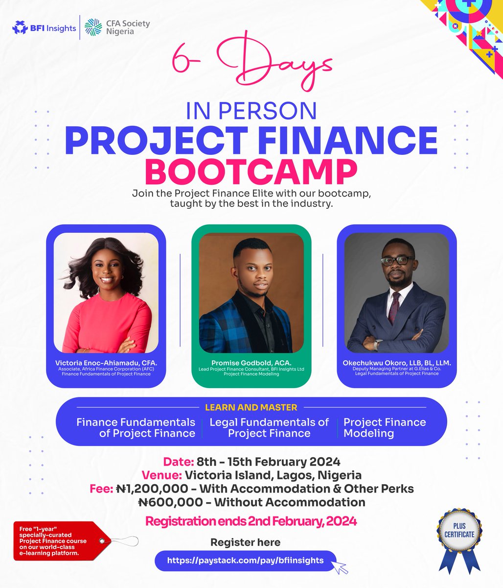 CFASocietyNG's tweet image. Take your project finance skills to the next level! Register for @bfiinsight's upcoming  Project Finance Bootcamp.

➡️Curriculum: bfiinsights.com/bootcamp-detai…

➡️Get 15% off paystack.com/pay/cfasociety

#CFANaija #ProjectFinance #finance #financejobs #financeprofessionals #careergrowth