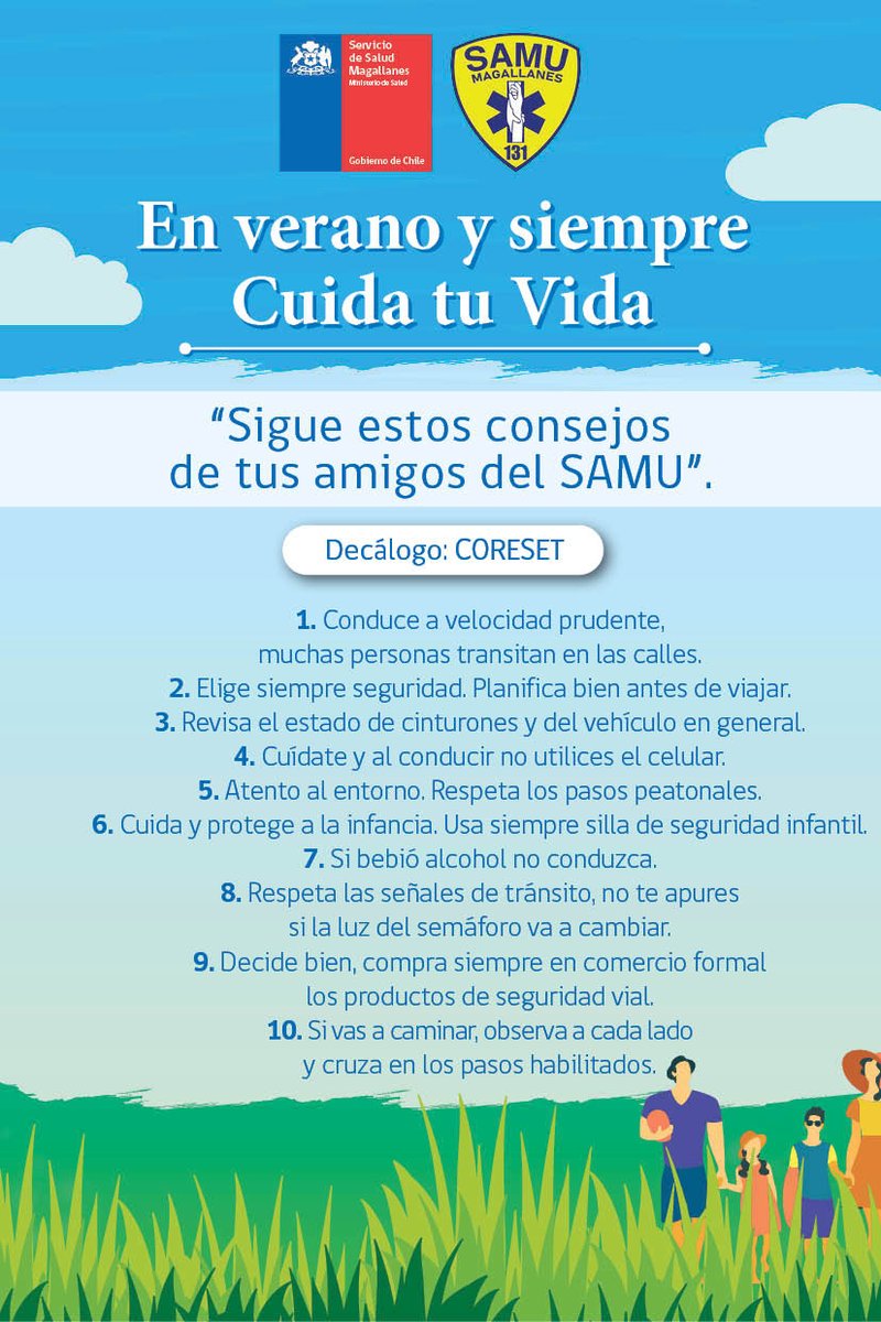 SaludMagallanes's tweet photo. 🔴Buenos días #Magallanes, iniciamos la jornada con un importante mensaje de #SAMU; los 365 días del año cuídate y cuida a quienes más quieres, no dejes pasar los consejos del decálogo #CORESET https://t.co/KT8aTsHudY