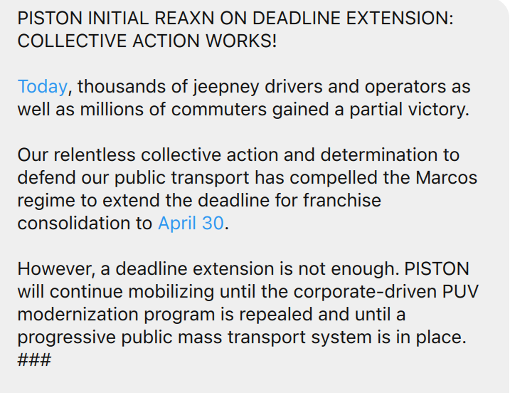 READ: Transport group Piston's statement on the extension of deadline for public utility vehicle consolidation. @inquirerdotnet