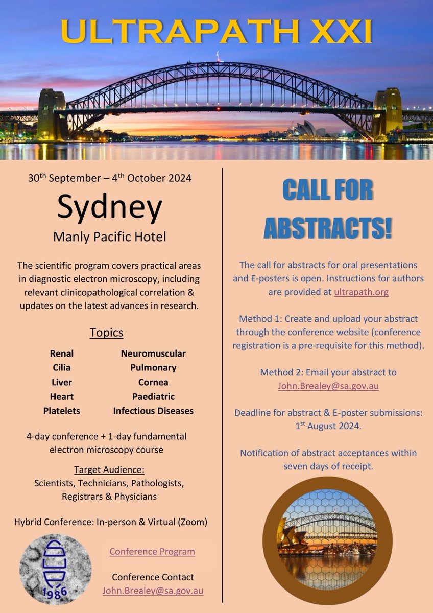 It gives me great pleasure to announce the Call for Abstracts for the combined UltraPath XXI Conference and Electron Microscopy Tutorial Day to be held from Monday Sep 30 to Friday Oct 4, 2024, in Sydney Australia.
We hope to see you in Sydney!
#callforpapers
#electronmicroscopy