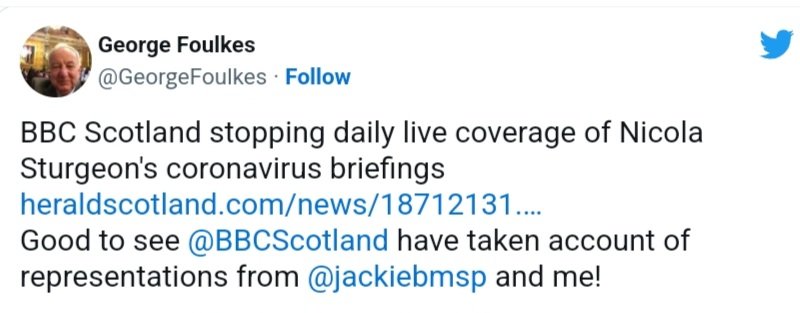 The license fee financed state broadcaster colluded with a political party to stop public info broadcasts in Scotland (but not England) during a pandemic.

This would be an outrage in any other country. Why is <a href="/BBCScotland/">BBC Scotland</a> immune?
#DontPayTheLicenseFee
