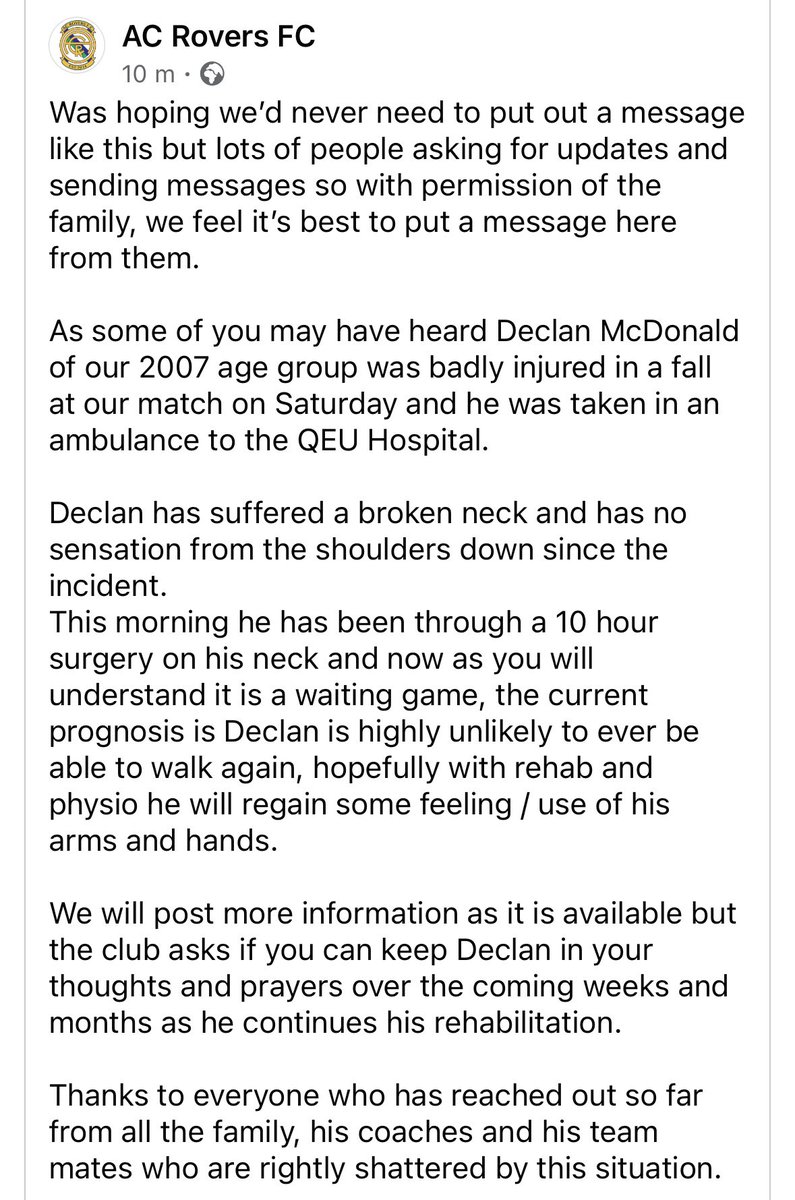 Some of you may know - my stepson was involved in an accident playing football on Saturday for his team <a href="/ac_rovers/">AC Rovers FC 2007’s</a> and has broken his neck 

Some info below - thanks to those who have already reached out it’s appreciated.