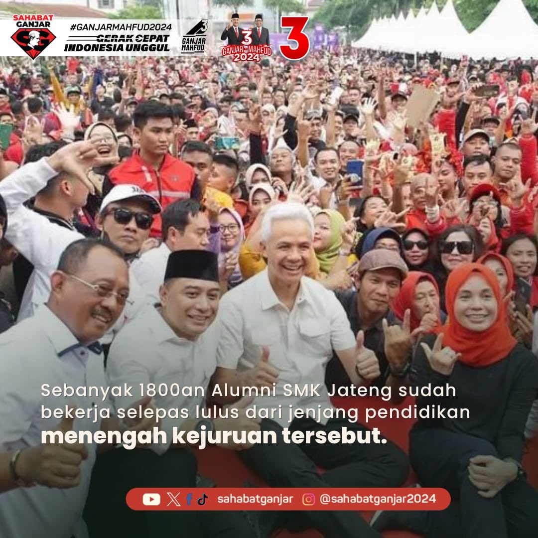 Ganjar Pranowo &amp; Mahfud MD mengusung program ambisius dgn jargon "Lulus Sekolah Pasti Langsung Kerja." 

Dalam upaya meningkatkan kesempatan kerja bagi siswa SMK, pasangan ini berkomitmen berikan uang saku &amp; peluang magang atau pekerjaan langsung setelah lulus.

#SahabatGanjar