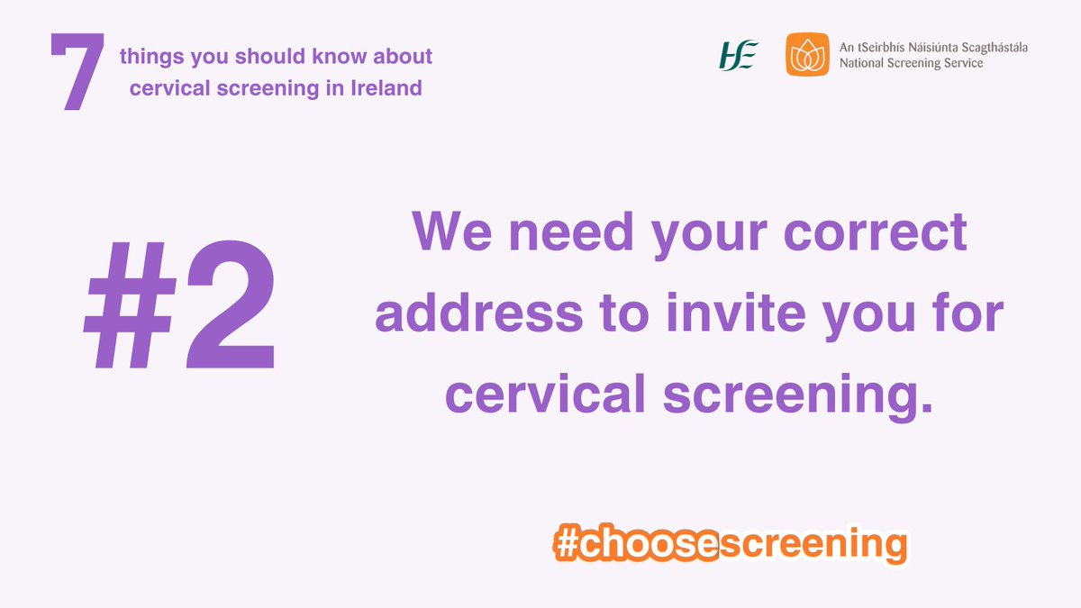 If you’re due your #cervicalscreening and haven't received an invitation from us, your address details may not be up to date on our #CervicalCheck register. Here’s our address: hse.ie/cervicalcheck What’s yours? 👉 tinyurl.com/7-things-cervi… #CervicalCancerPreventionWeek