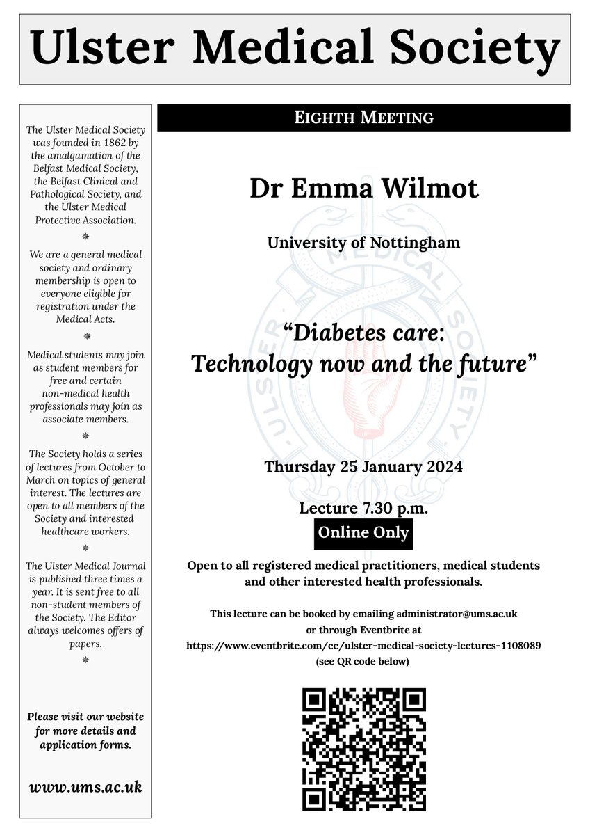 We look forward to hearing Dr Emma Wilmot talking about the future of technology in diabetes care tomorrow evening. Please note this lecture is online only - please book at eventbrite.com/cc/ulster-medi…