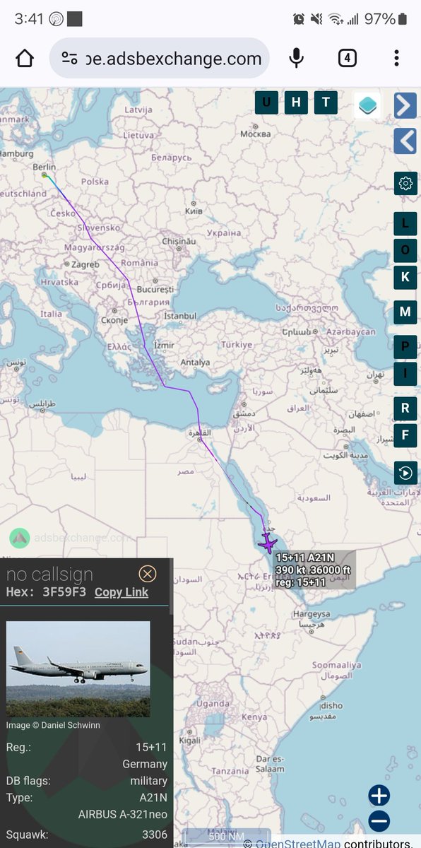 Borrowed7Time's tweet photo. German govt. A-321neo 15+11 #3F59F3 tracking south over the Red Sea.
Foreign Minister Annalena Baerbock is on board. She will visit South Sudan, Kenya and Djibouti over 3 days. https://t.co/dhz1gWIZhY