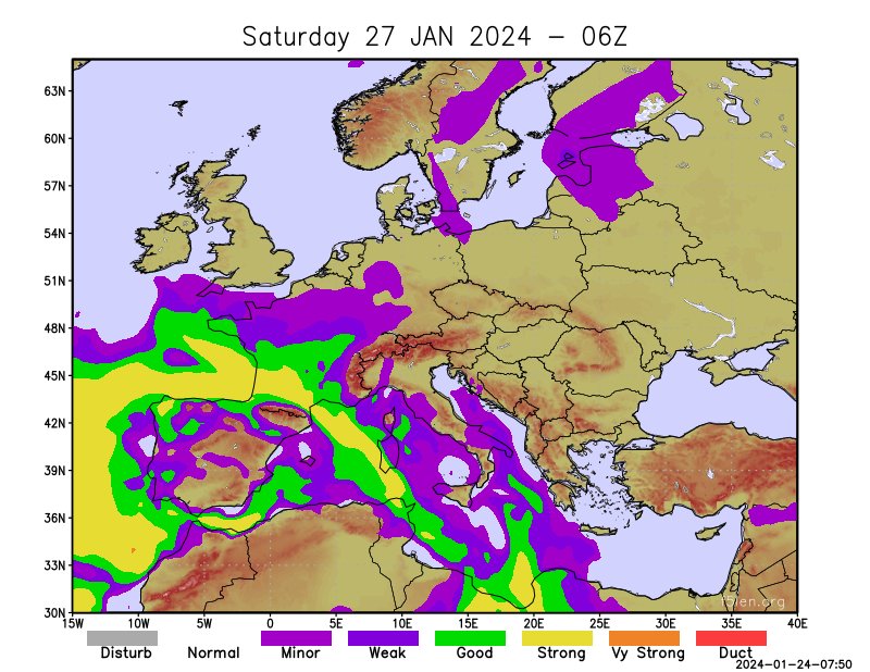 The strengthening high-pressure system forecast for the end of this week should bring with it good conditions for tropospheric propagation. 
#hamr #vhfdx