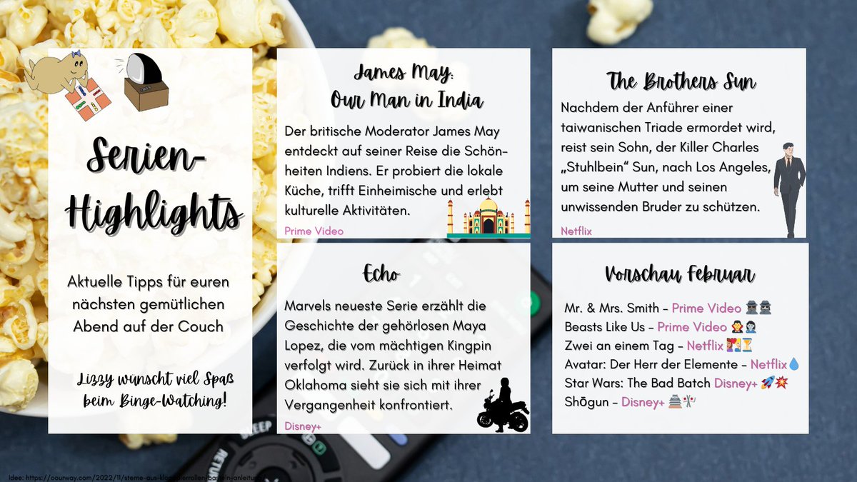 cozy_potatoes's tweet image. Seid ihr auf der Suche nach einer neuen #Lieblingsserie? 📺 
Hier findet ihr die aktuellen #Serienhighlights auf #Netflix, #PrimeVideo und #Disneyplus. 🍿

#cozypotatoes #cozyevening #serientipps #serientippsfürzuhause #serie #TheBrothersSun #JamesMay #EchoMarvel