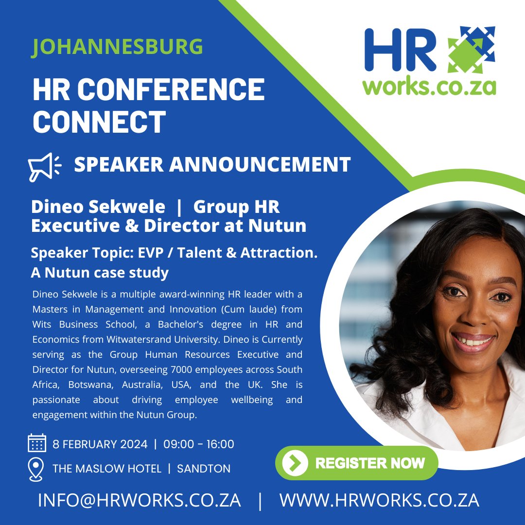 Today we would like to introduce another speaker that will be presenting at the HR Conference Connect in Joburg! Dineo Sekwele | Group HR Executive &amp; Director at Nutun.  Dineo will be sharing a Nutun case study on 
EVP / Talent &amp; Attraction. Book here lnkd.in/dJXZ3zNd