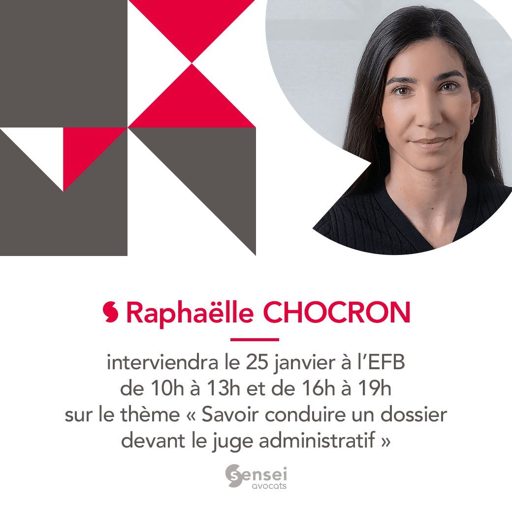 🗓INTERVENTION
Raphaëlle CHOCRON, avocate associée interviendra le 25 janvier 2024
à l' EFB de 10h à 13h et de 16h à 19h
sur le thème : 
« Savoir conduire un dossier devant le juge administratif. »
#senseiAvocats #droitPublic #formation