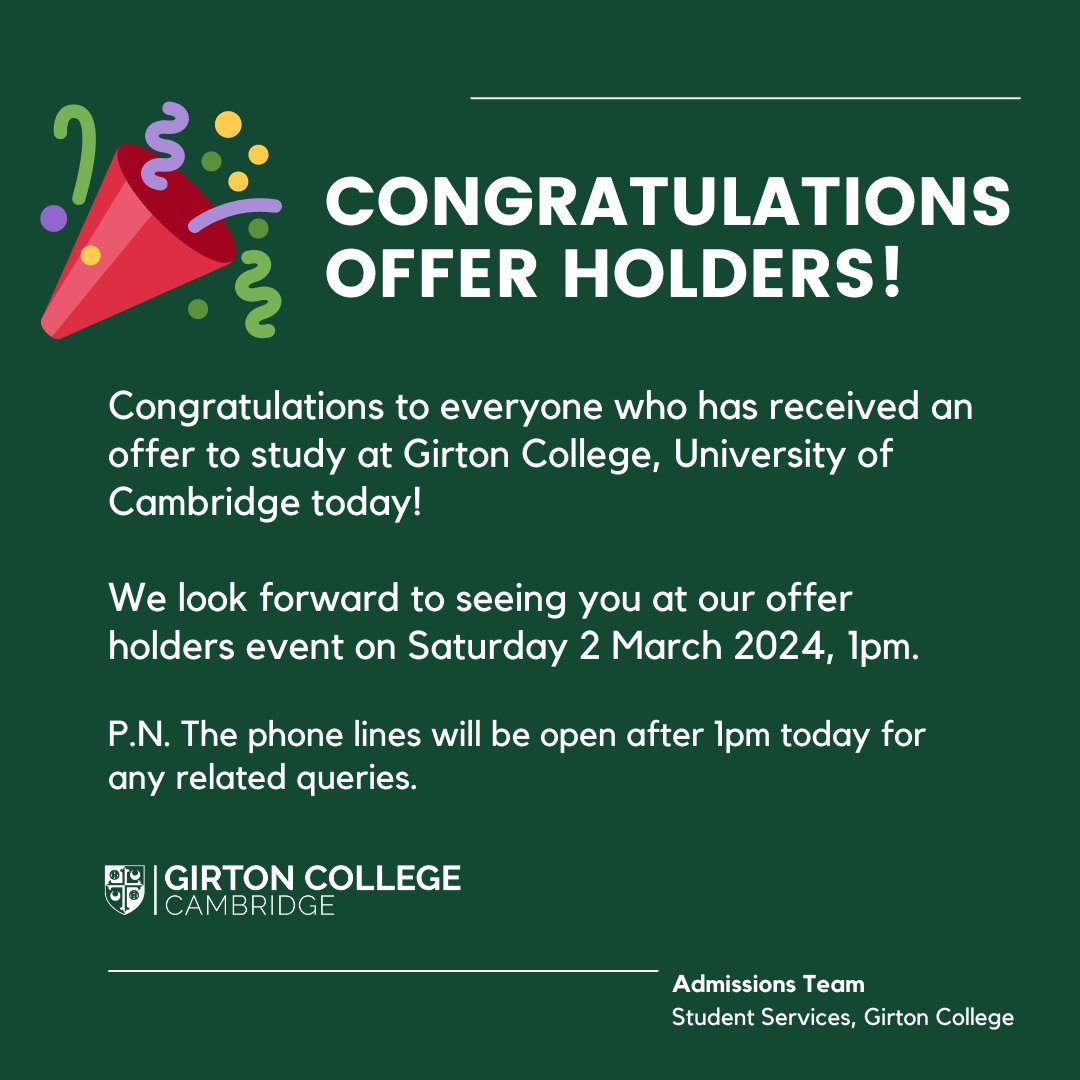 🎉 Congratulations to everyone who has received an offer to study at #GirtonCollege <a href="/Cambridge_Uni/">Cambridge University</a> !

We look forward to seeing you at our offer holders event. 

#goingtocambridge #alevels2024 #goingtogirton