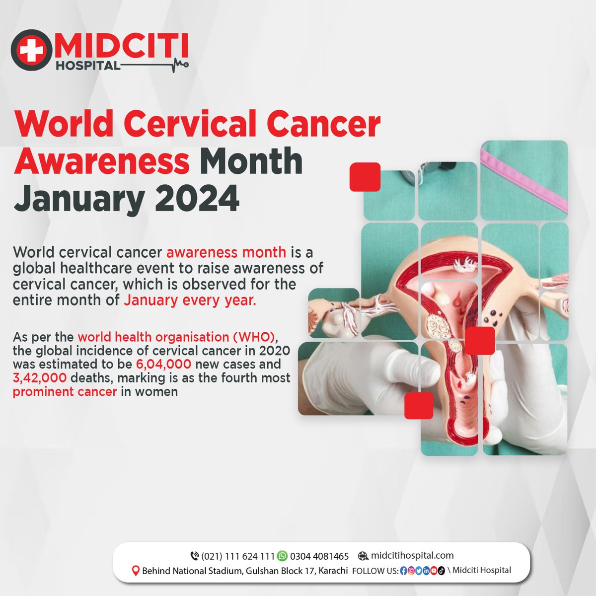 Midcitihosp's tweet photo. As we observe Cervical Cancer Awareness Month, let's join hands in spreading knowledge and fostering early detection. Regular screenings and vaccination can save lives. Together, let's raise awareness, break the silence, and empower women to prioritize their cervical health. https://t.co/XjUsQRgX9O