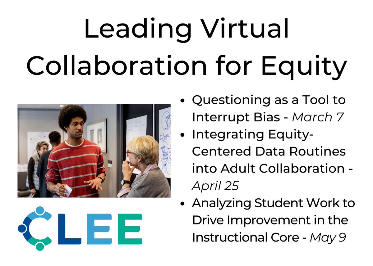 LeadershipandEquity (@leadforequity) on Twitter photo Do you want to transform schools into places of joy and learning for each and every student? It is aspirational, but do you know HOW to go about it?
CLEE can support your goals with our upcoming FREE Leading Virtual Collaboration for Equity Series.
clee.org/equity-sessions Do you want to transform schools into places of joy and learning for each and every student? It is aspirational, but do you know HOW to go about it?
CLEE can support your goals with our upcoming FREE Leading Virtual Collaboration for Equity Series.
clee.org/equity-sessions